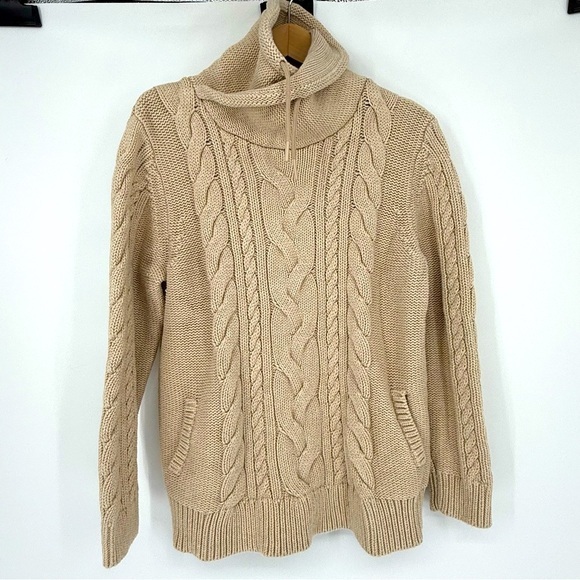 L.L. Bean Women’s Double L Mixed Cable Knit Sweater Funnel neck Size XL Tan - Picture 1 of 12